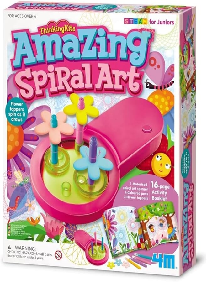 4M Thinking Kits Amazing Spiral Art from STEAM for Juniors, Flower Toppers Spin as The Motorized Art Spinner Draws 16-Page Full Color Activity Book Included, Ages 4+